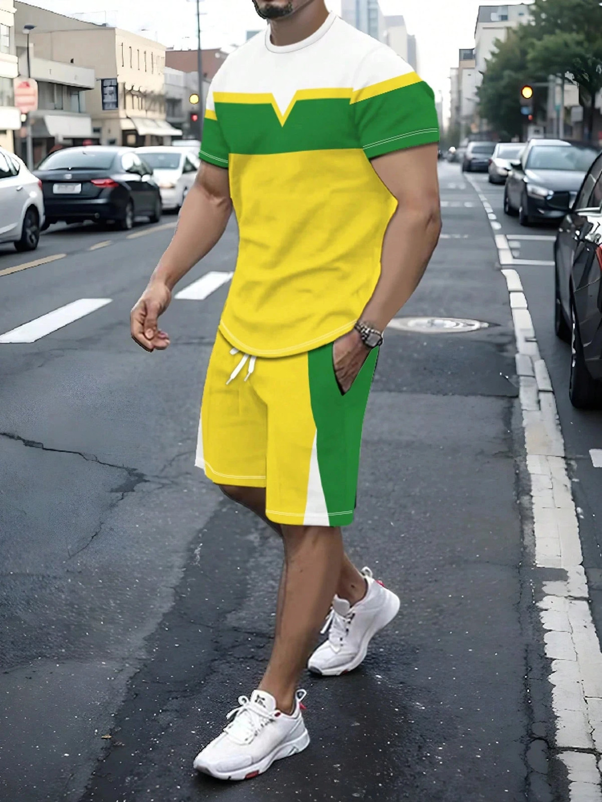 Casual Stripe Printed T-shirt Shorts Set Large Size Loose Men’s Short Sleeve Tee