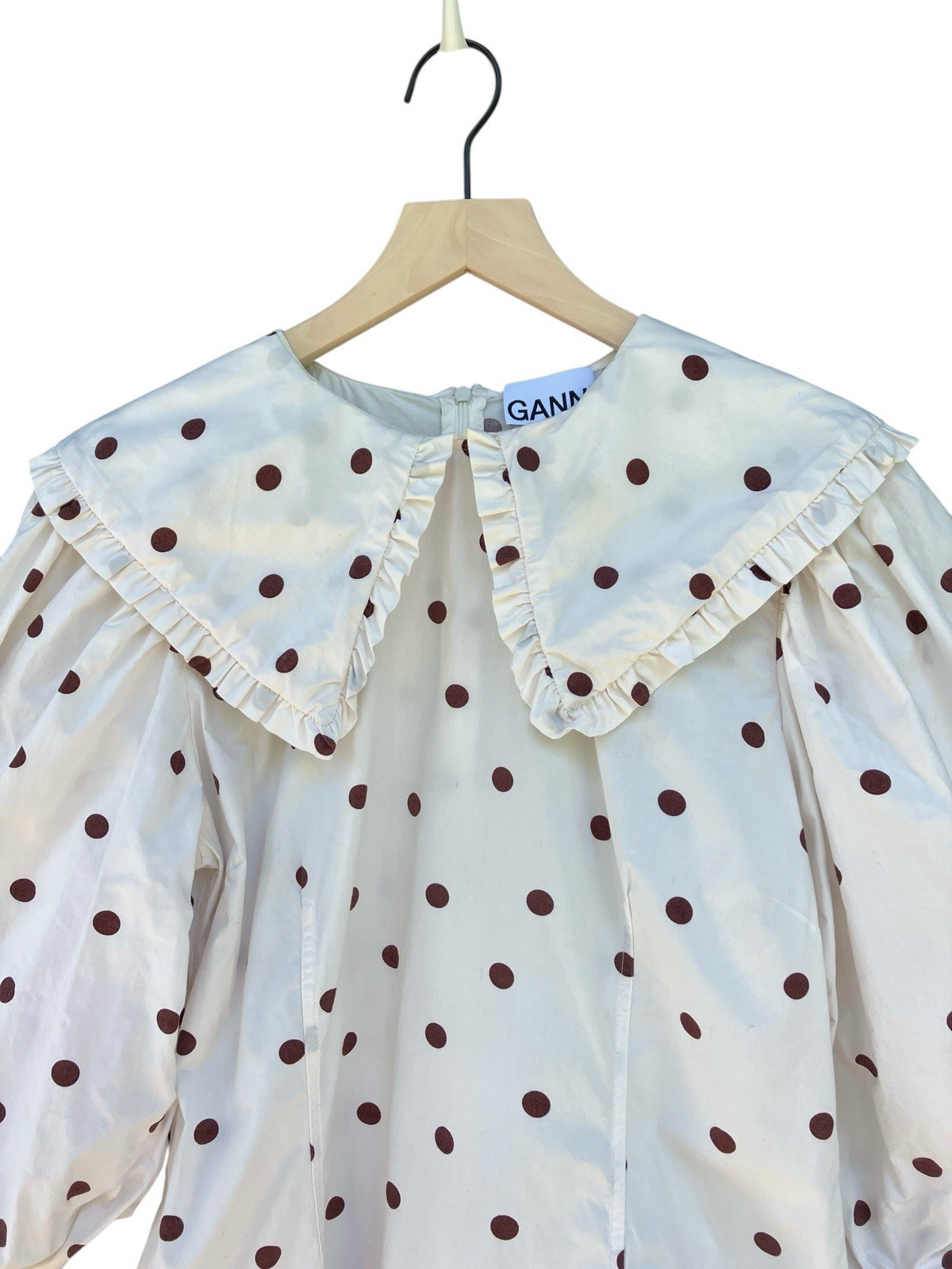 GANNI Polka Dot White Poplin Sailor Collar Mini Dress Size EU 42 US 10 / 12