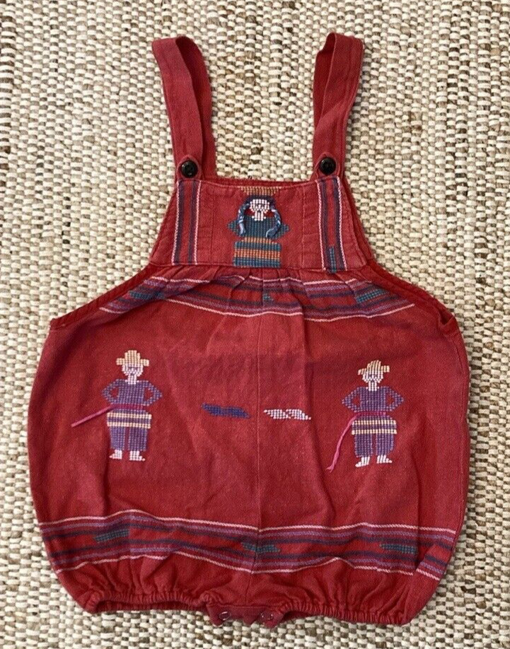Vintage Guatemalan Child Toddler Romper Overall 2T-3T Unisex Y2K Red / Multi