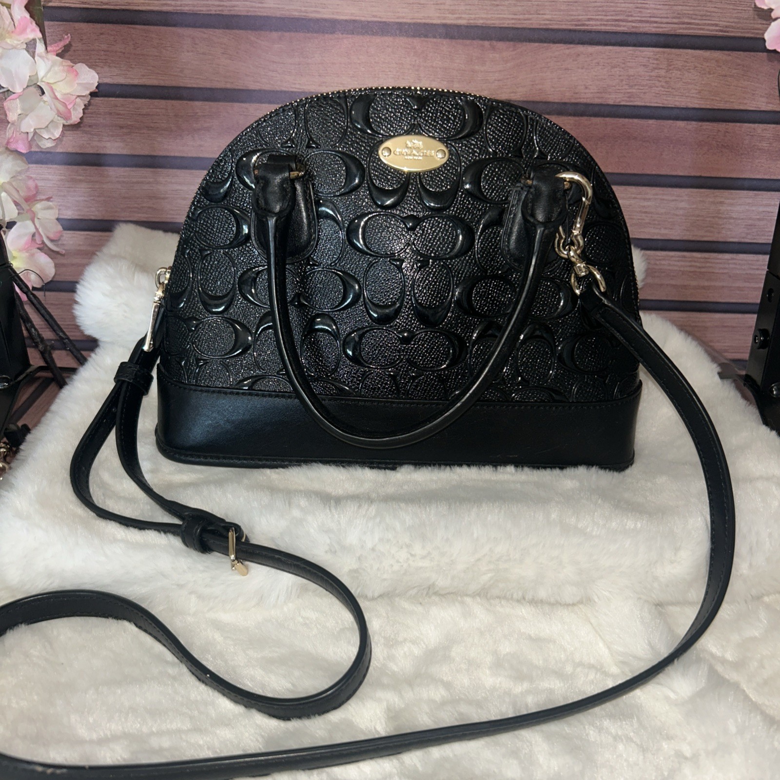 Coach F35279 Sierra Dome Satchel Black Signature Patent Leather Gold