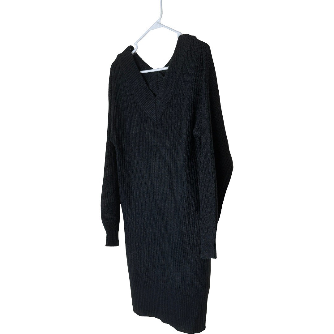 Full Circle Trends Black Double V Shaker Stitch Sweater Dress J3B2089S Large NWT