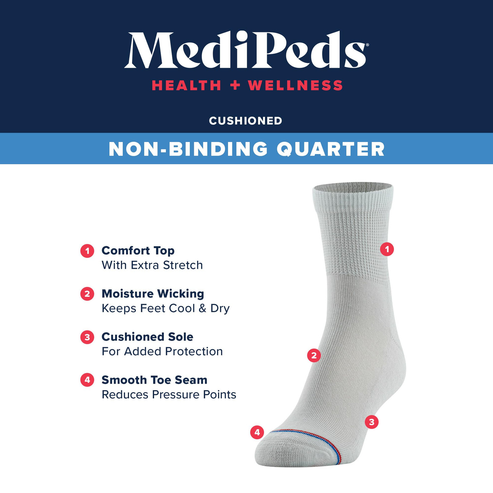 Medipeds 8 Pack Diabetic Quarter Socks Men 7-12 Women 10-13 Moisture Wicking