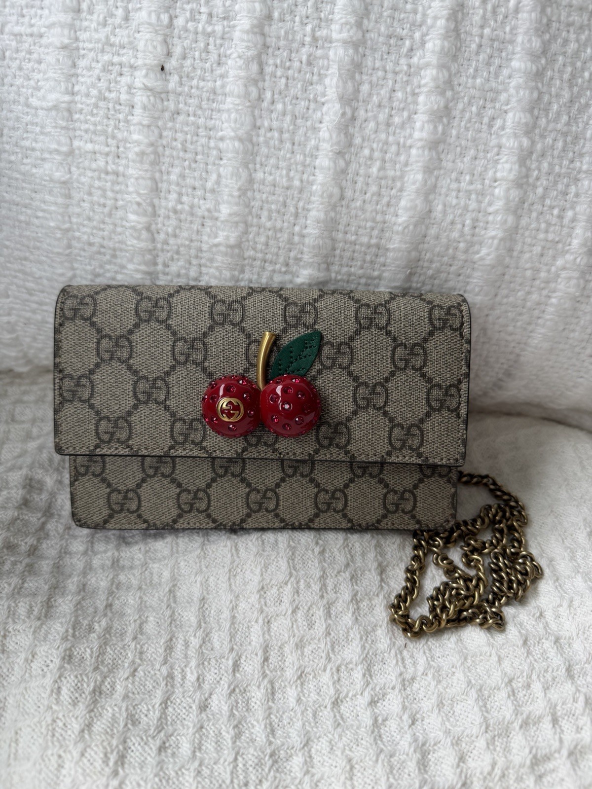 Gucci GG Supreme Monogram Mini Cherry Chain Crossbody Wallet on Chain Bag