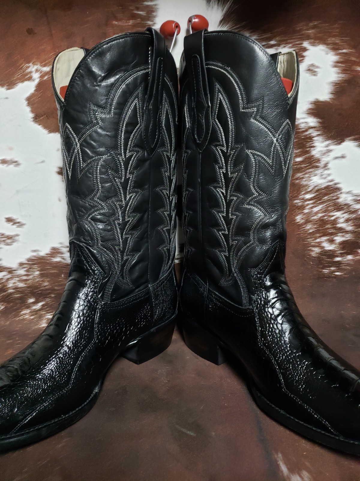 J Chisholm Vintage Genuine Ostrich Leg Black Western Cowboy Boots Mens 12 EE