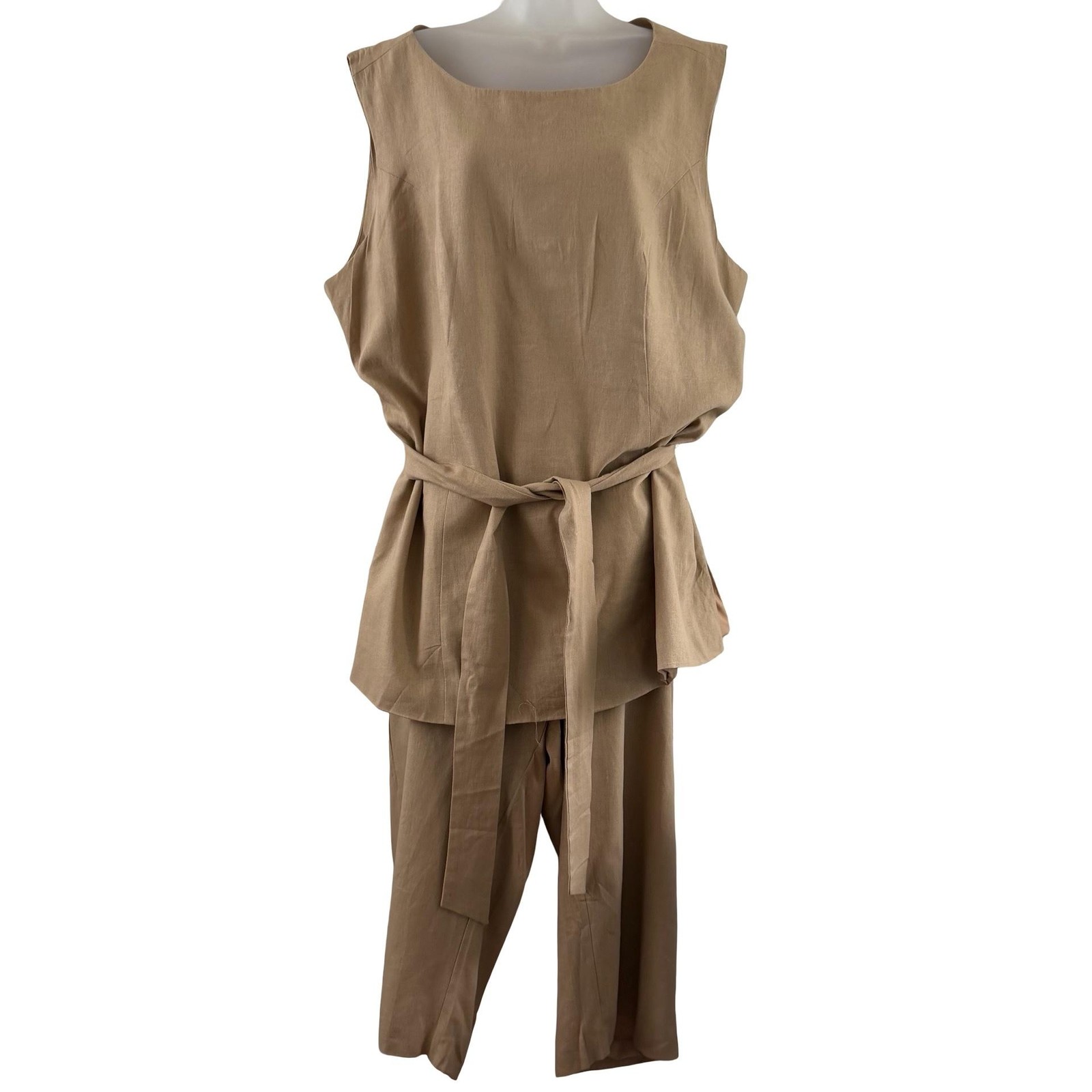 Jessica London 2 Piece Linen Blend Capri Set Womens 26W Beige Tan Belted Cropped