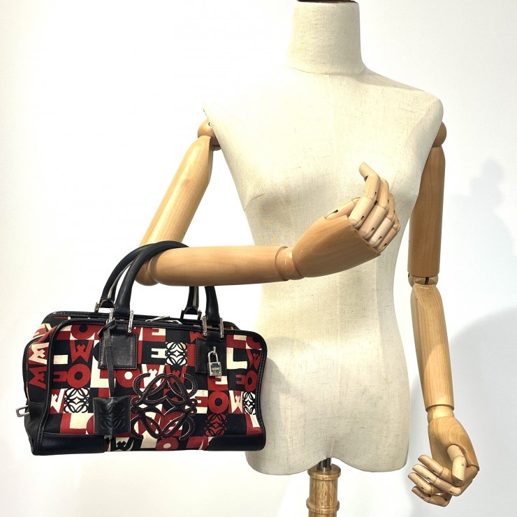 LOEWE Amazona 28 Hand Bag Red Black Monogram Canvas Leather