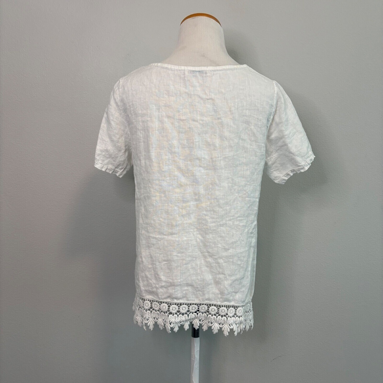 Tero Millennio 100% Linen Crochet Short Sleeve White Lightweight Top Small