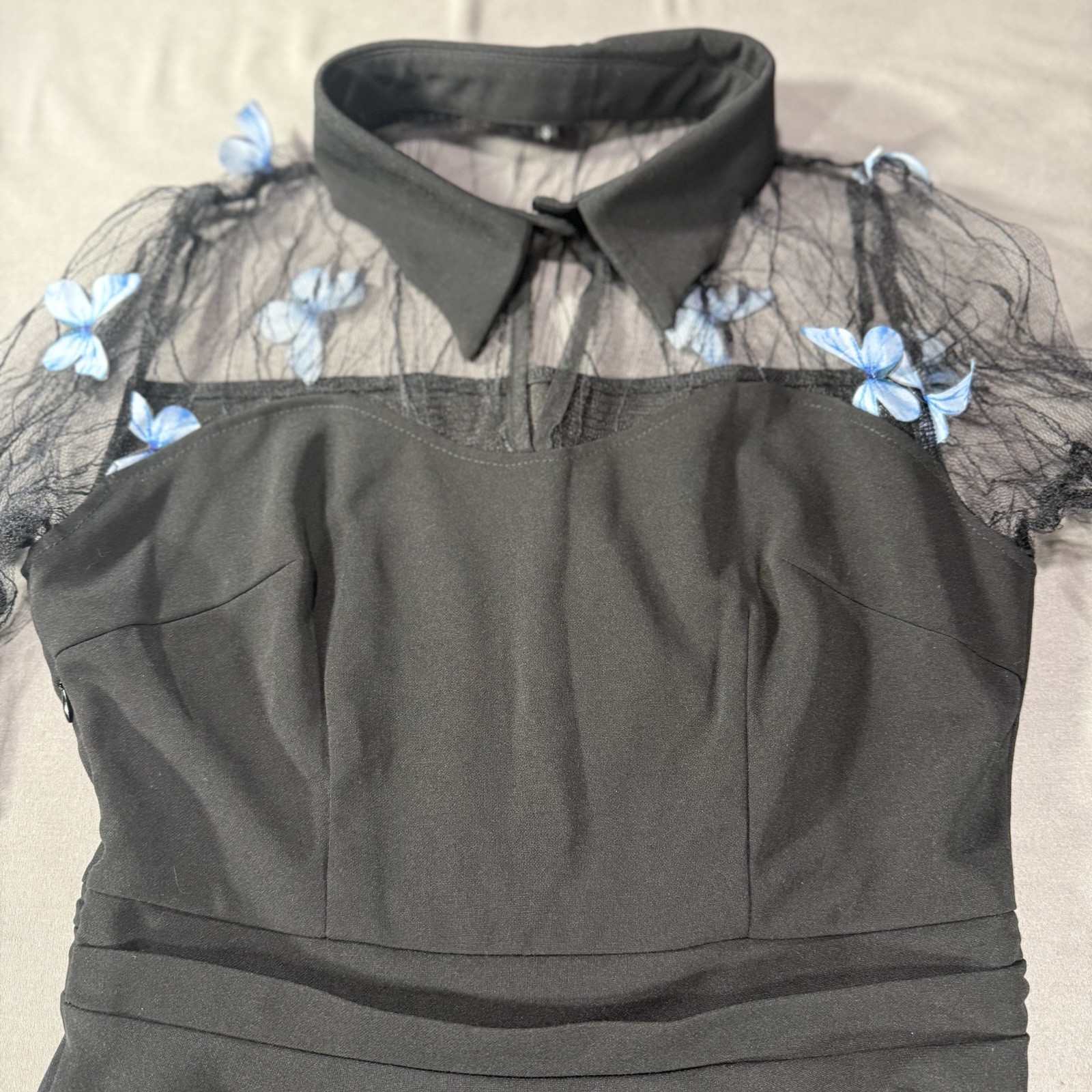 Vintage 50’s Rockabilly Swing Dress Embroidered Floral Mesh Bell Sleeve S