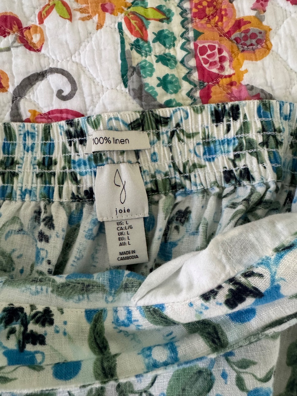 JOIE LINEN PANTS-White, Full Leg, Elastic Back Waistband, Green/Blue Floral, LG