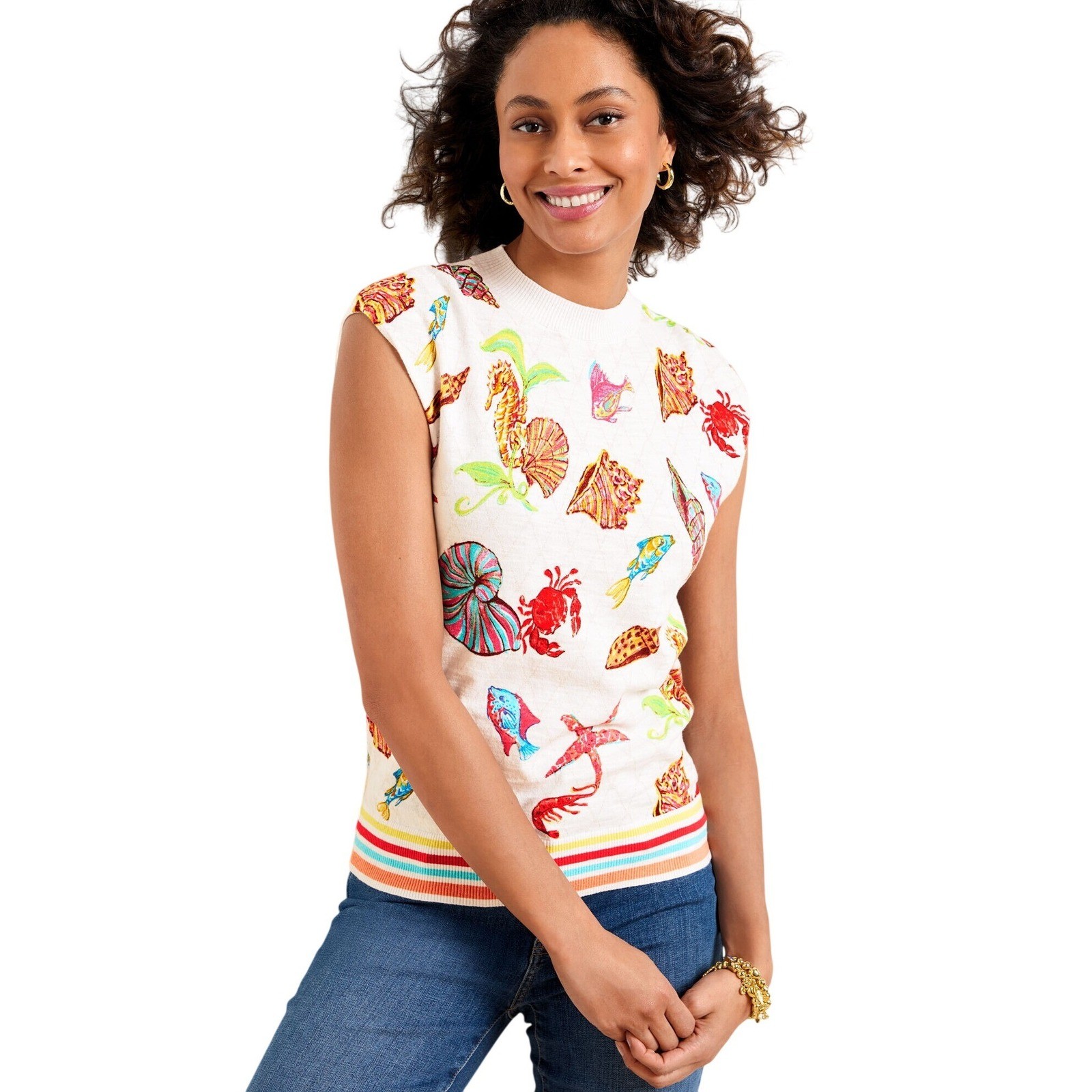 Talbots Petite Cap Sleeve Pullover Underwater World LP Cotton Sea Life Coastal