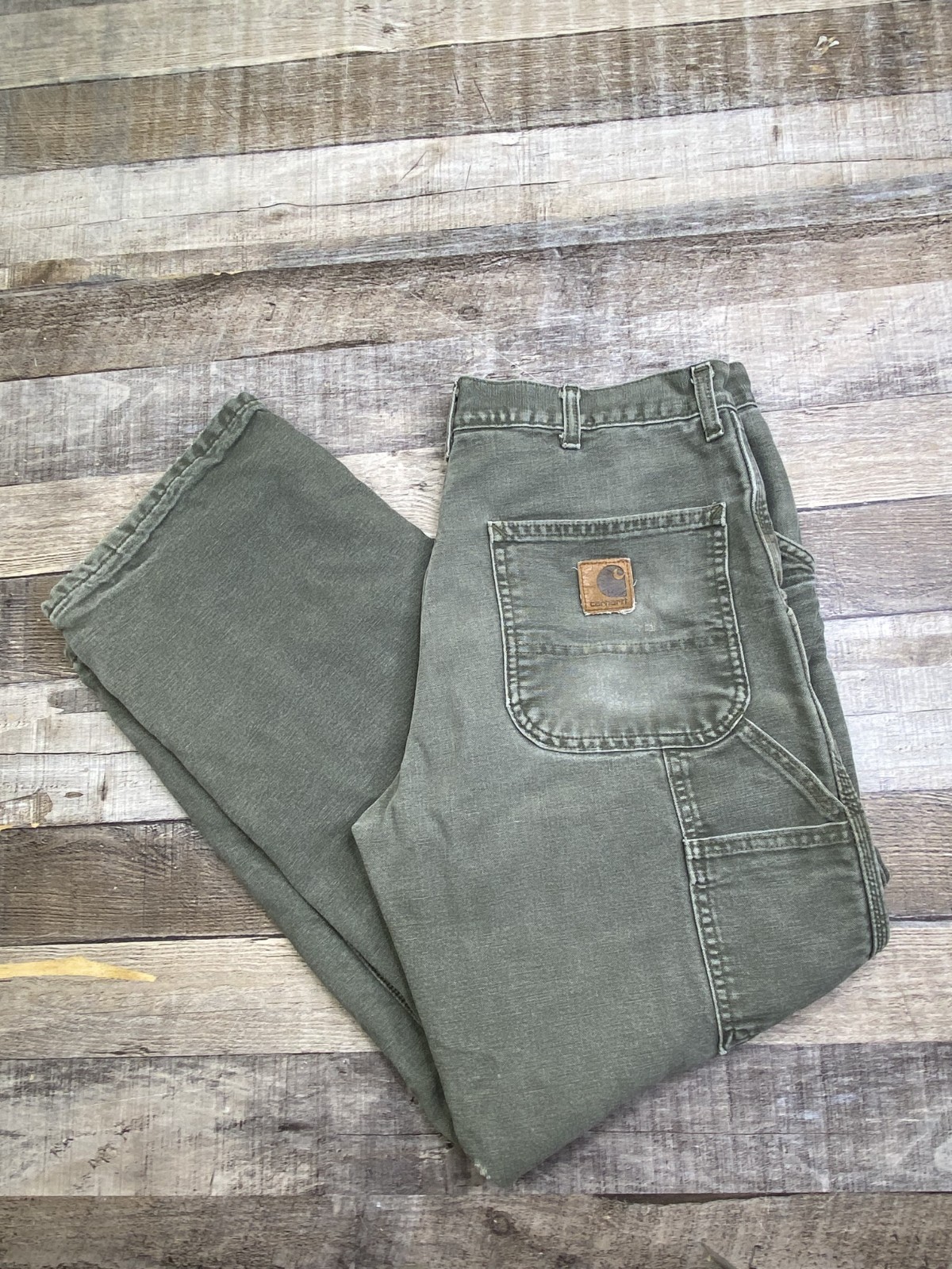 VTG Carhartt Flannel Lined Canvas Pant Mens 34×30 Loose Fit Green USA B111 MOS