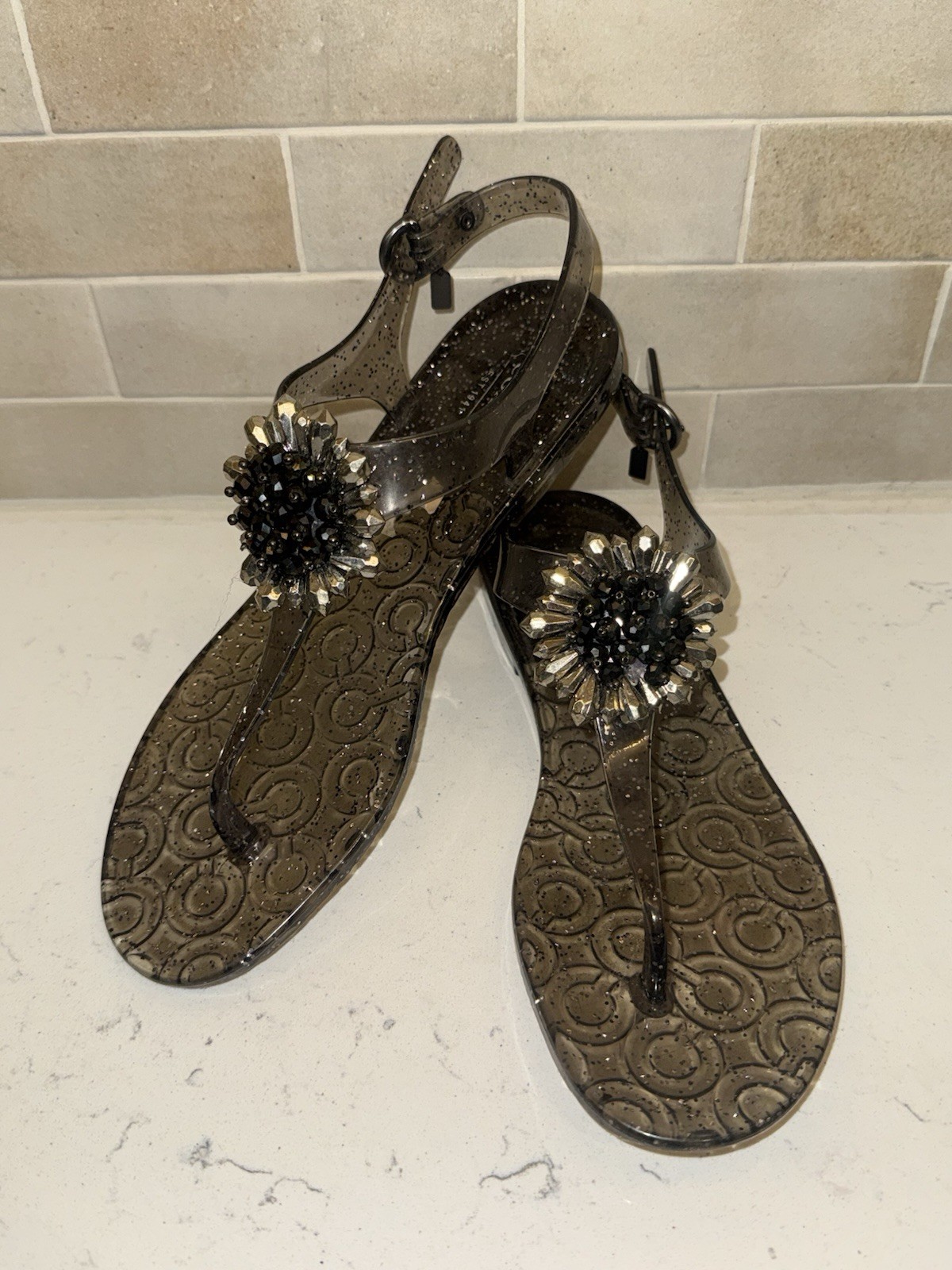 Coach Hilda Jelly Sandals Size 9 Black Embellished Glitter Designer Resortwear