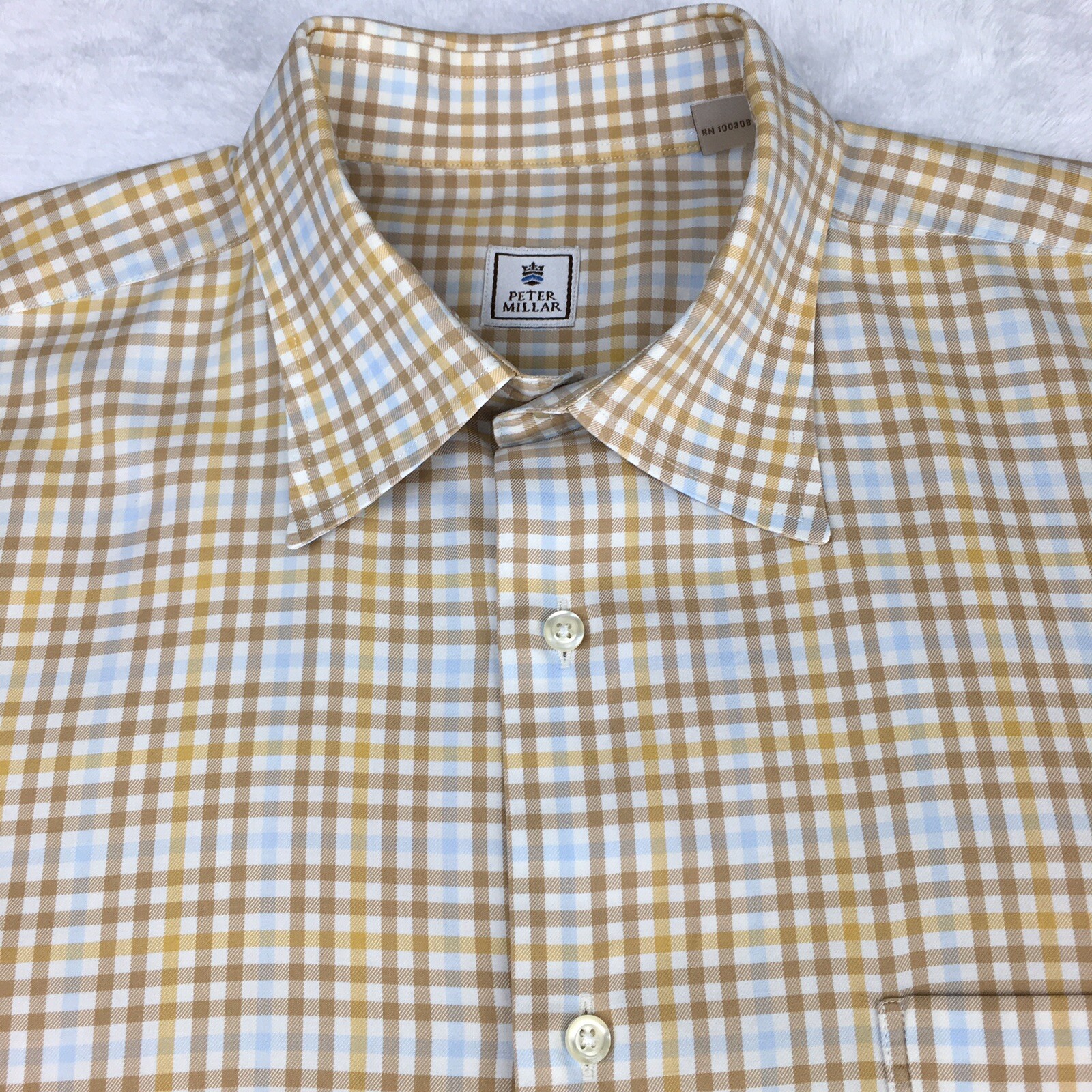Peter Millar Dress Shirt Mens Medium Tan/Lt. Blue Checks Long Sleeves