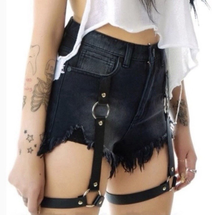 UNIF Harness Black Denim Jean Shorts Women’s 24 XS Garter Straps **Rare Find
