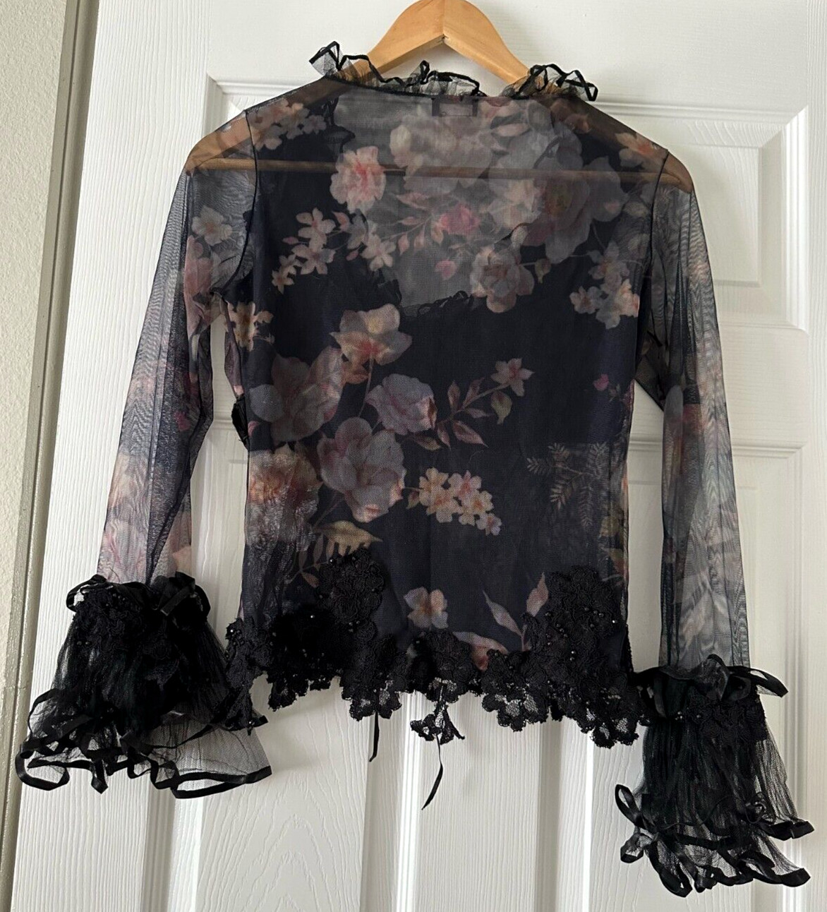 Rare CELO Sheer Floral Ruffle Blouse Bell Sleeve Top Argentina MSRP $350