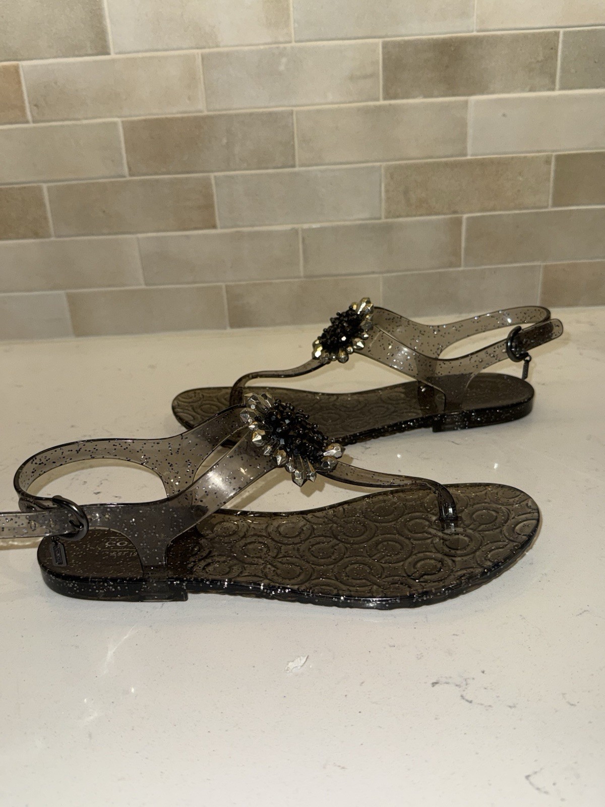 Coach Hilda Jelly Sandals Size 9 Black Embellished Glitter Designer Resortwear