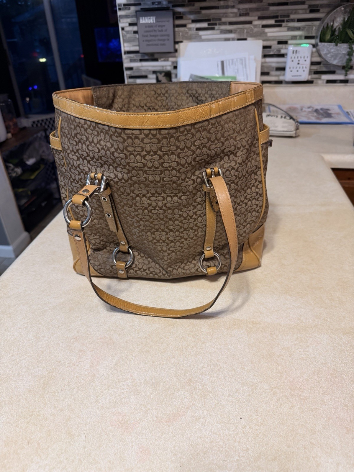 Coach Brown Tan Logo Shoulder Bag Zip Turn Lock Buckle Accent Inner Pockets y2k