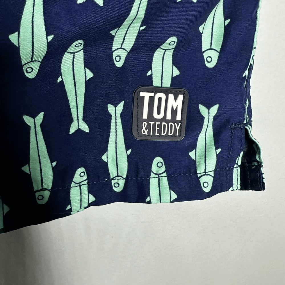 Tom & Teddy Classic Swim Shorts Ink Blue & Green Sardines Mens size Small