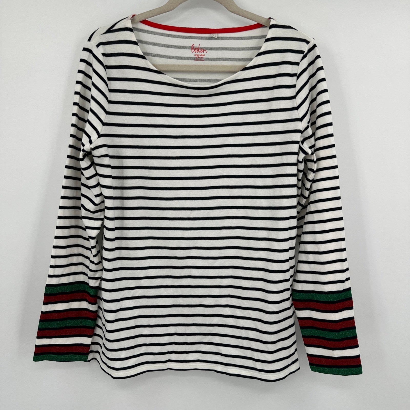 Boden Stripes Ahead Holiday Long Sleeve Top US 12 UK 16 Black White Red Green
