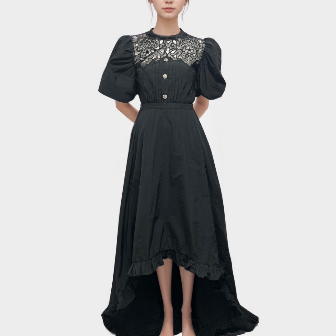 Alessandra Rich Black Silk Blend High-low Hemline Dress With Lace Detailing, Siz