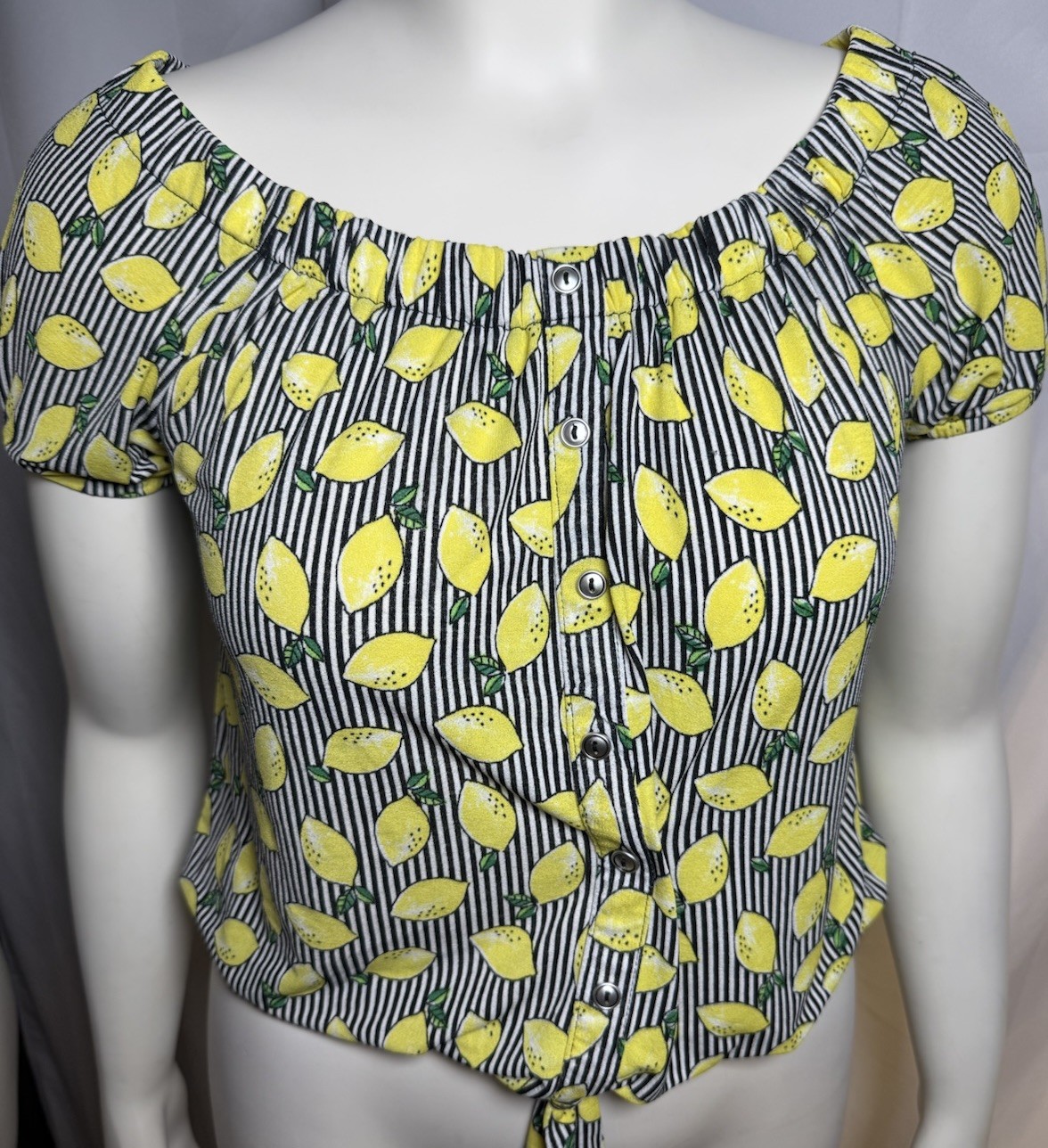 Twine & String Womens Medium Yellow Lemon Stripe Tie Front Crop Top