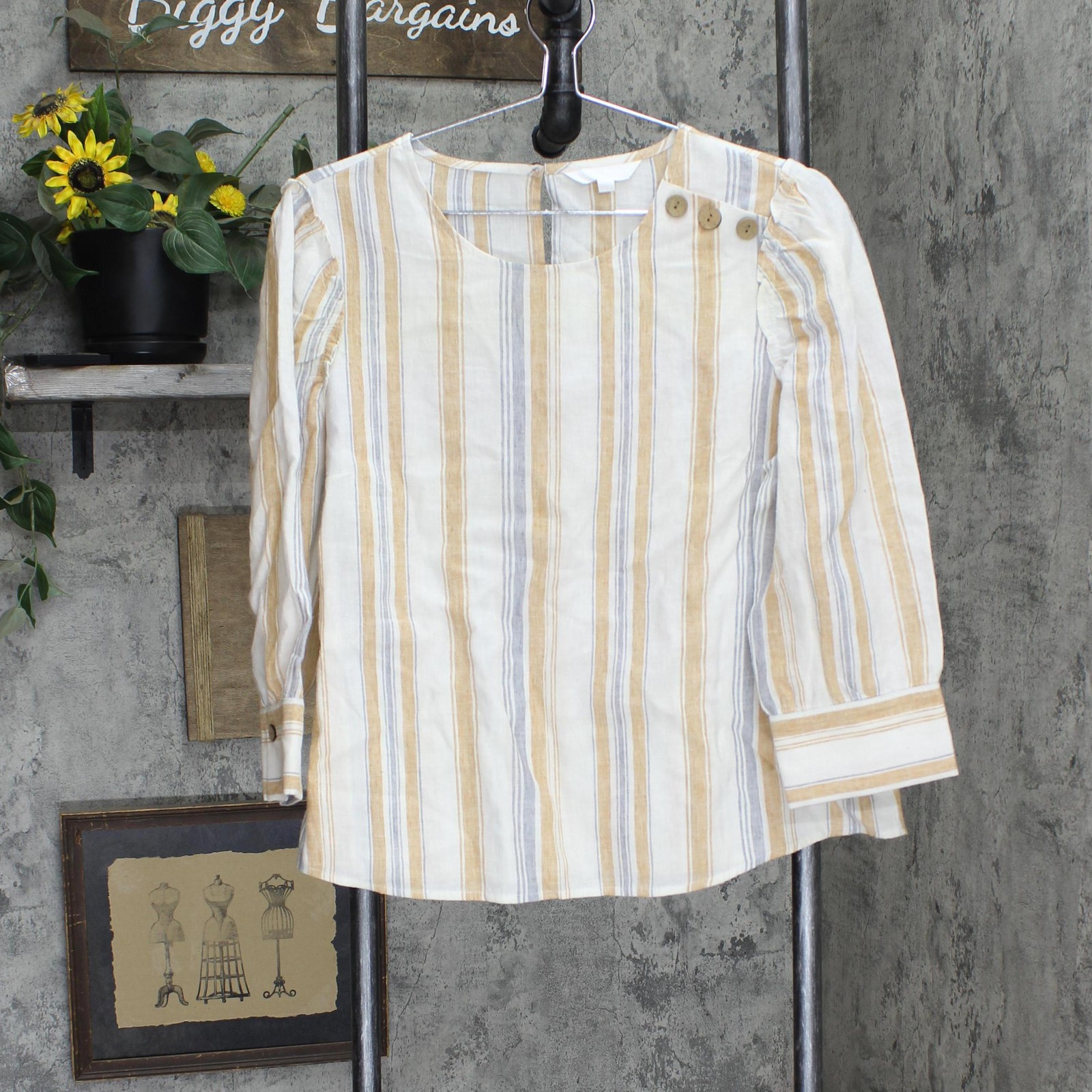 woven Long Sleeve Button Accent Blouse Shirt Top Brown Multi See Measurements