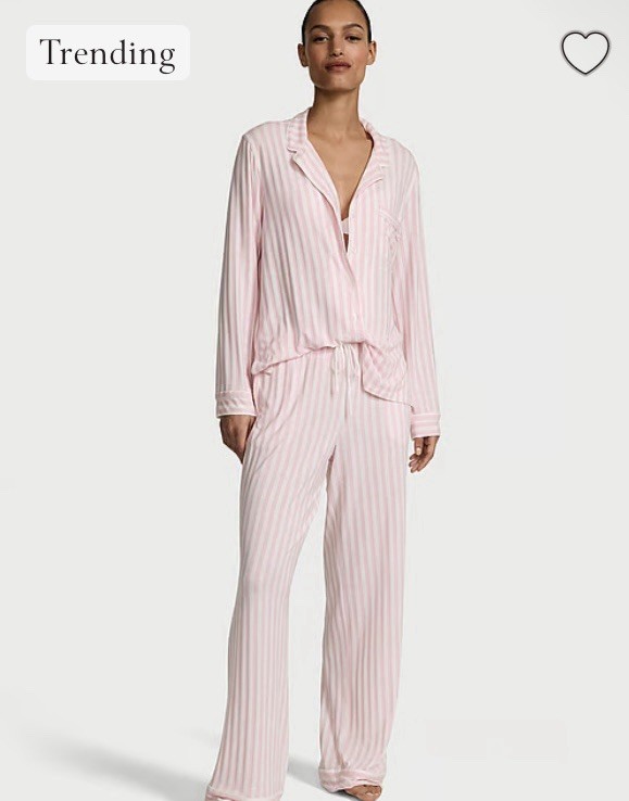 Victoria’s Secret Signature Striped Satin Button Pajama Set Pink White M