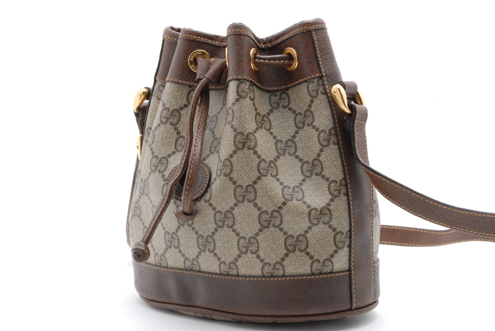 Gucci GG Supreme Drawstring Bucket Shoulder Bag PVC Leather Brown Vintage