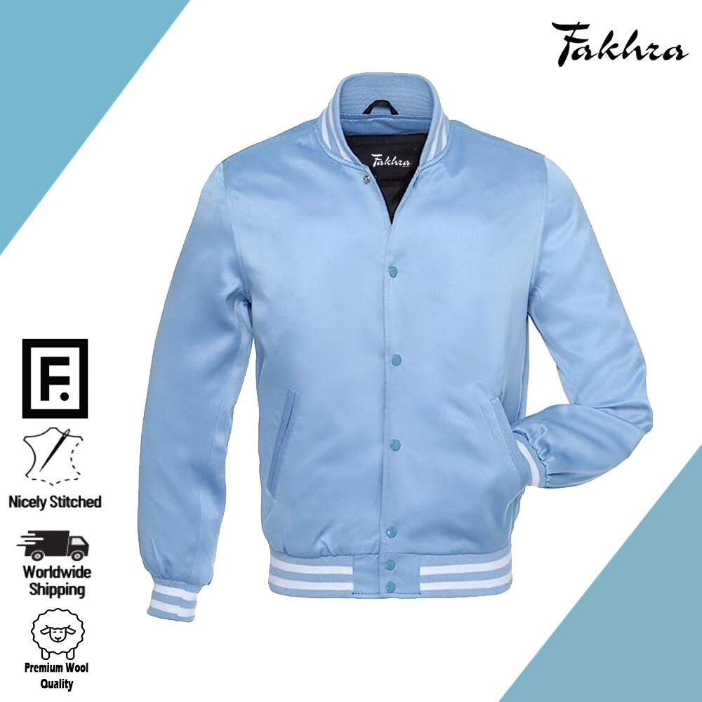 Sky Blue Satin College Letterman Varsity Jacket Premium Baseball Premium Quality