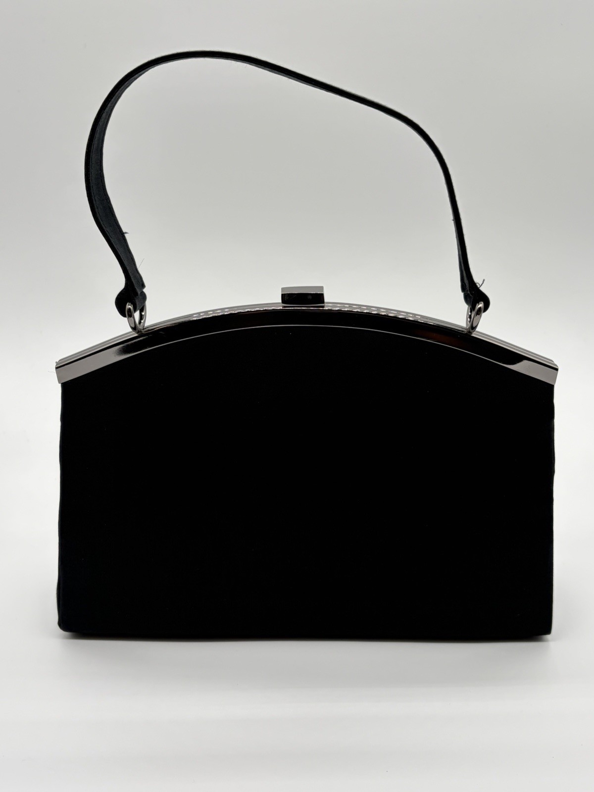 Fio Rucci Black Beaded Evening Bag Purse Silver Frame Top Handle Formal Clutch