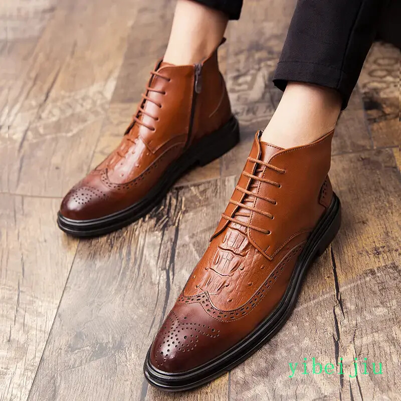 Mens Carved Brogue Shoes Business Alligator Pattern Ankle Boots Dress Lace Up