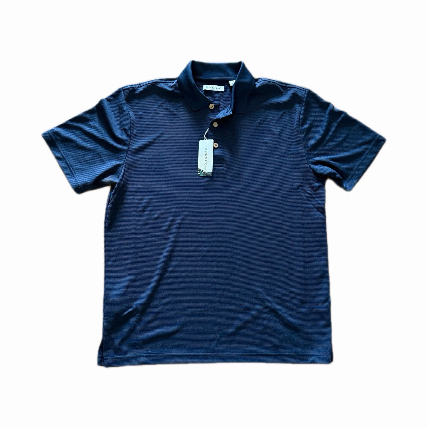 Cubavera Men’s Blue Solid Short Sleeve Polo Shirt Collared Button Front L