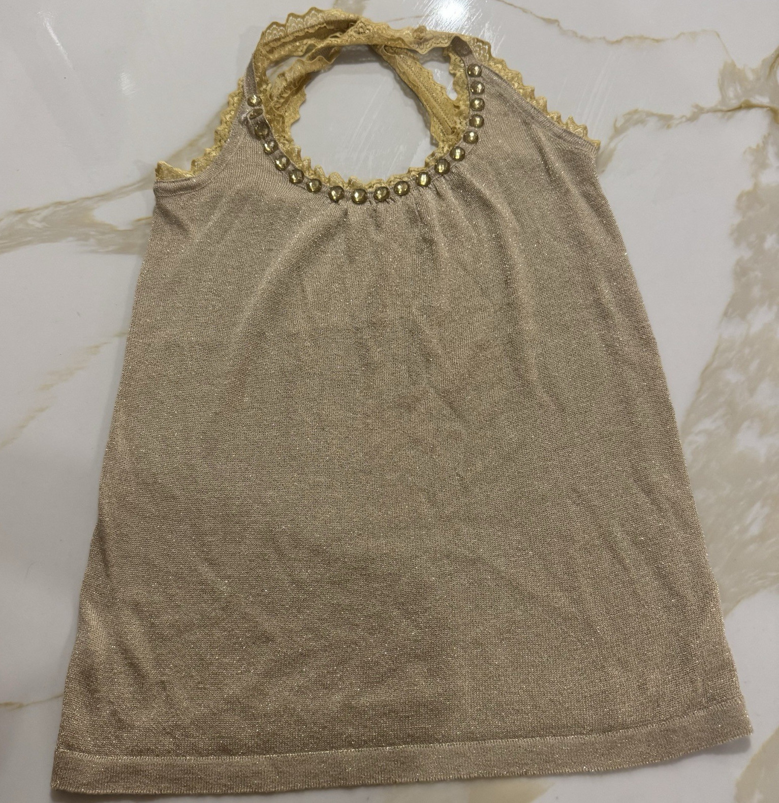 Y2K Gold Halter Tank Top Shimmer Womens Size S Sleeveless Lace Trim Studded