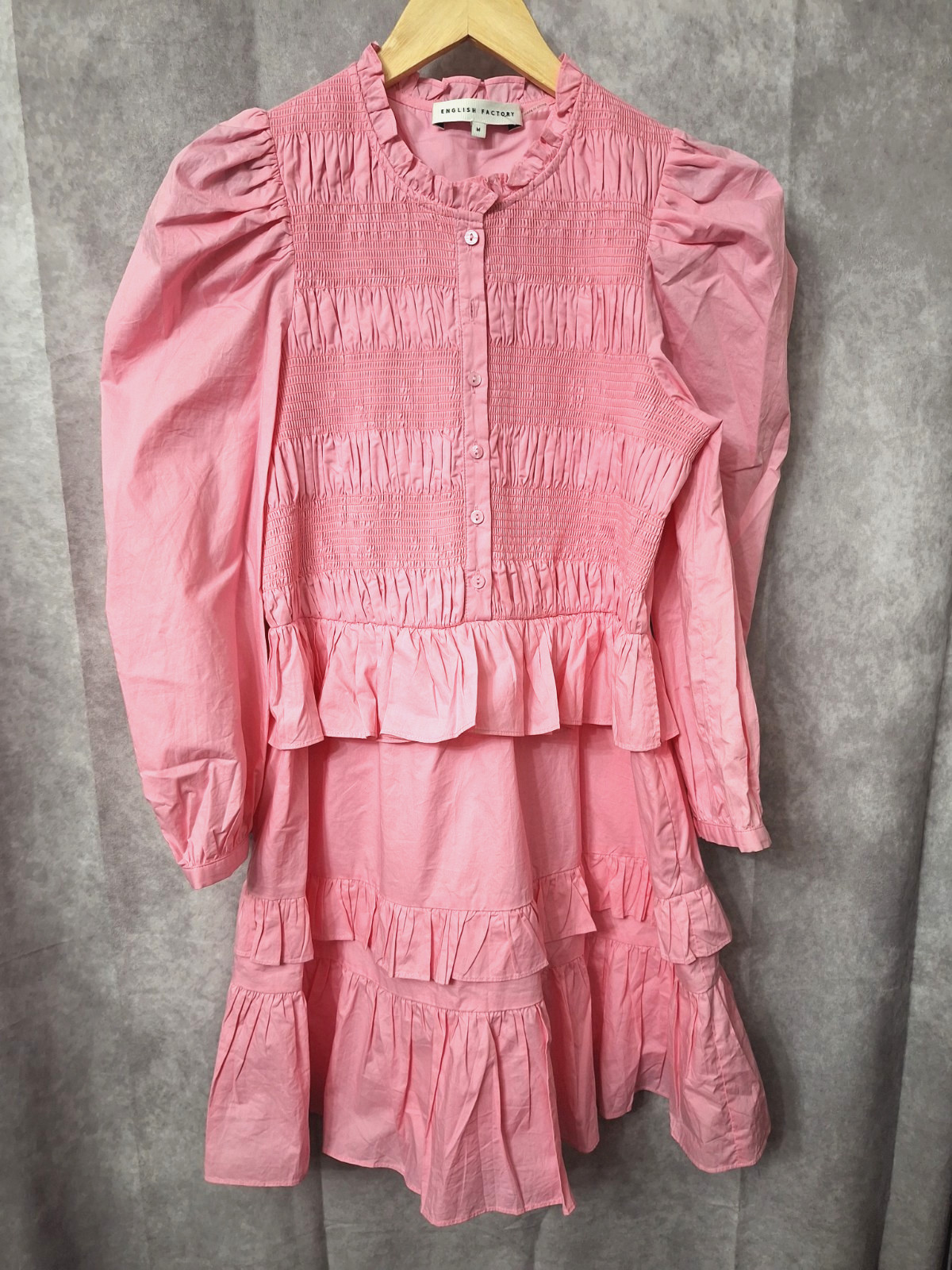 English Factory Barbie Pink Mini Dress Sz M Smocked Ruffled Coquette Barbiecore