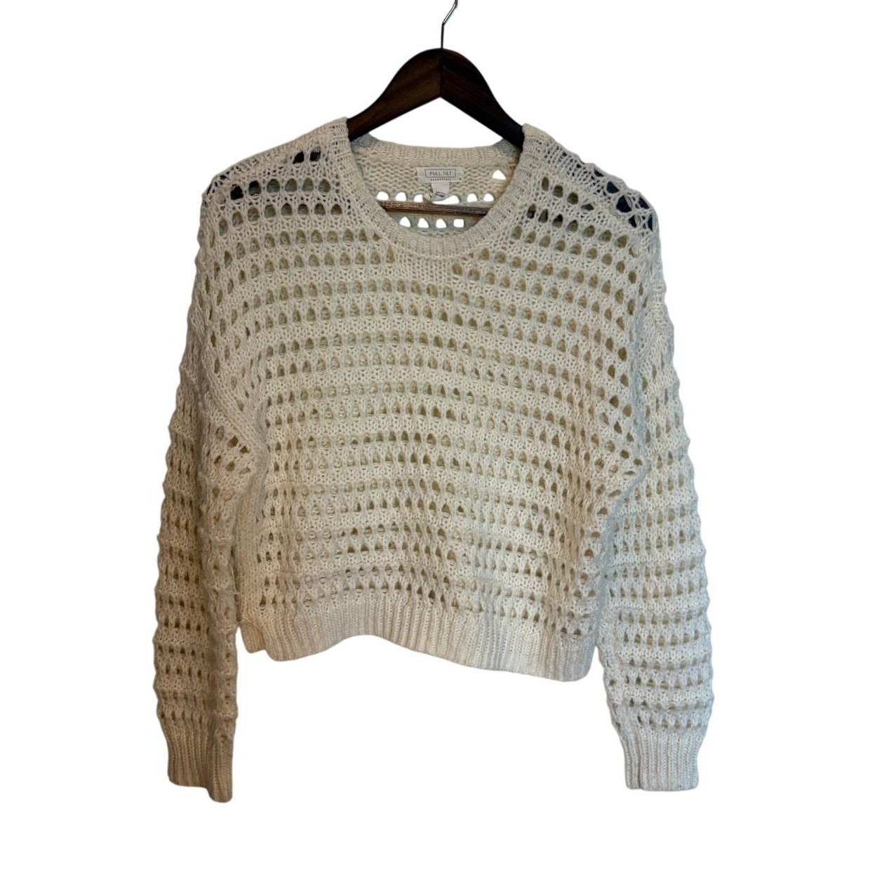 Full Tilt Essentials Open Knit Crochet Pullover Cream Sweater, Size M