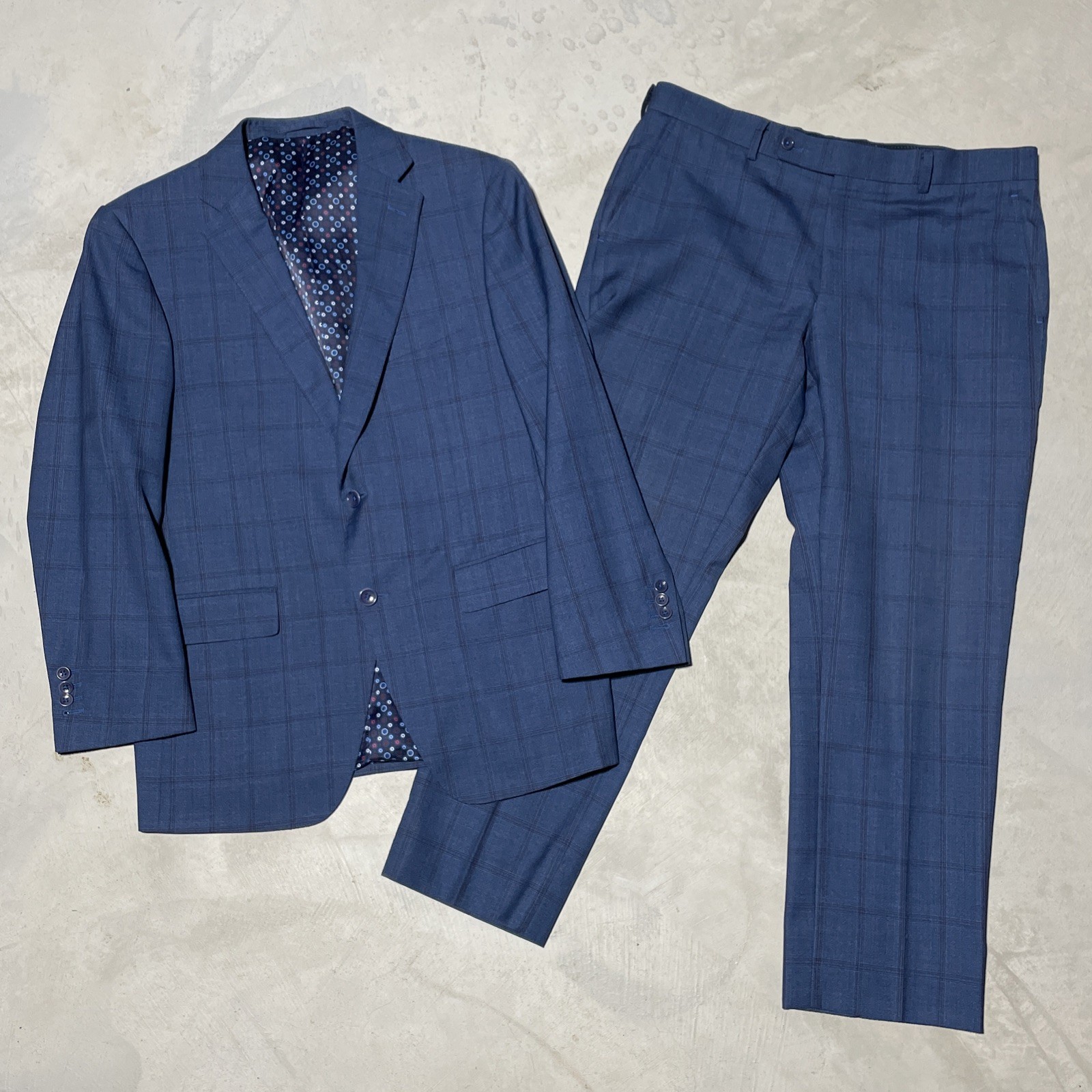 Savile Row Bespoke Blue Red Plaid Wool Trevira Two-Piece Suit Italy SZ L 36×29