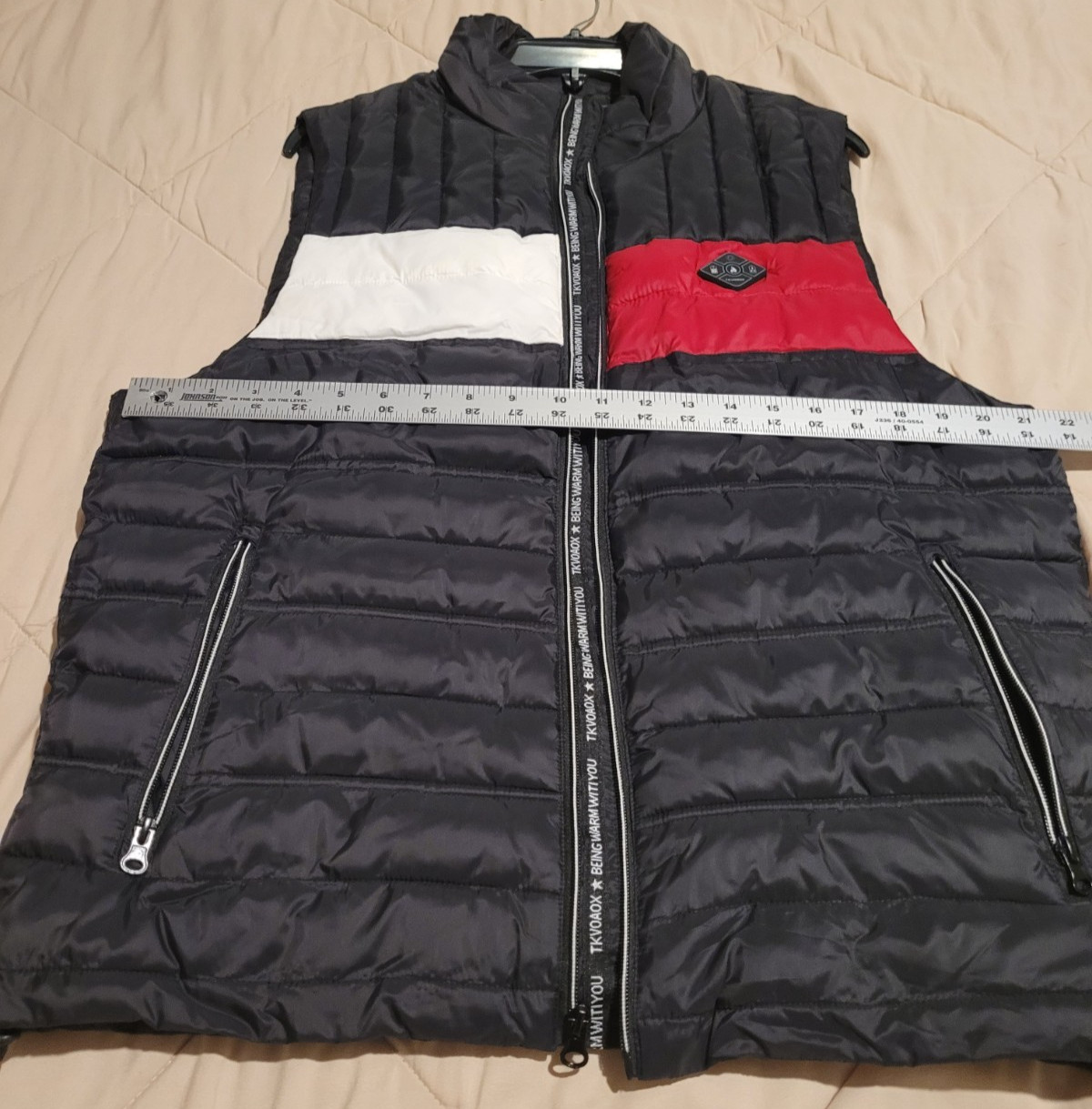 TKVOROAX Men’s Puffer Vest Black Red White Color-block Full Zip Quilted Size M
