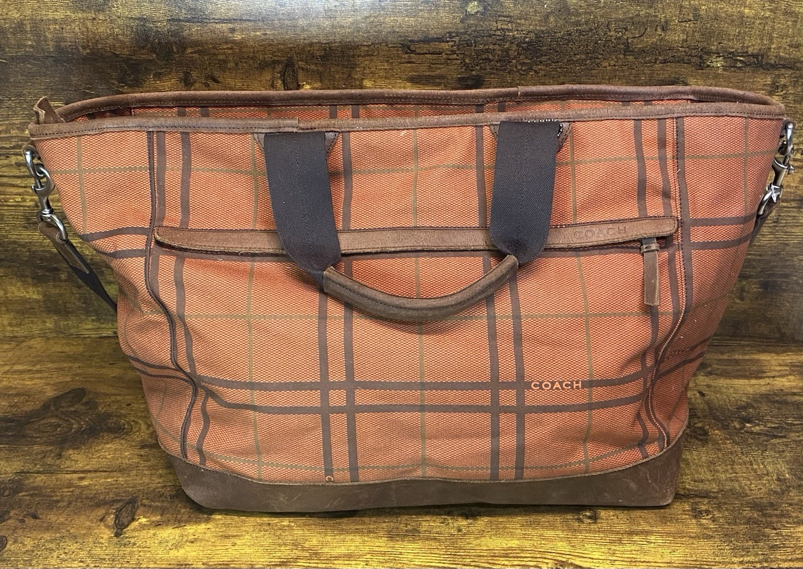 Coach Camden Plaid Orange/Brown Canvas Tatersall Tote Weekend Travel Bag RARE