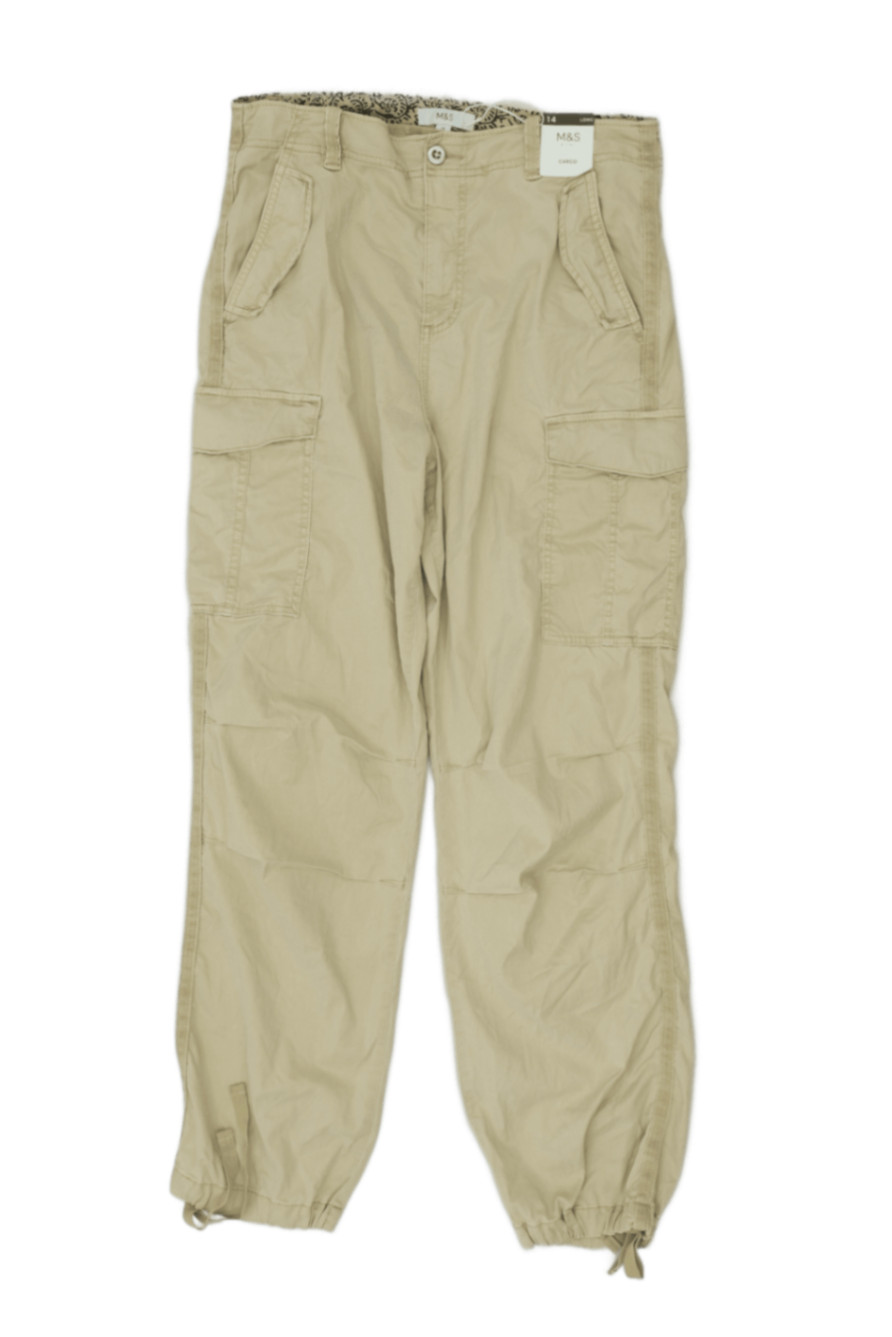 M&S Women’s Cargo Trousers Size 14 Long Ecru Pockets Belt Loops Zip Button New