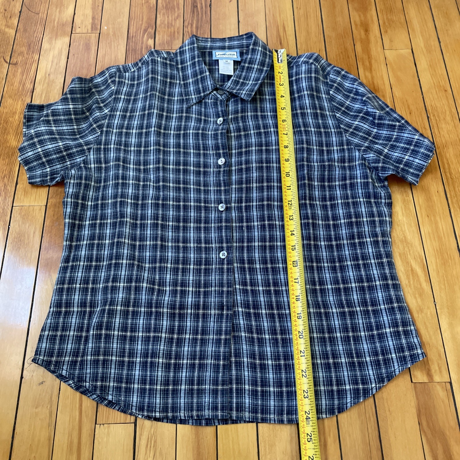 Vintage 90s Y2K Pendleton Blue Plaid 100% Linen Short Sleeve Button Up Womens M