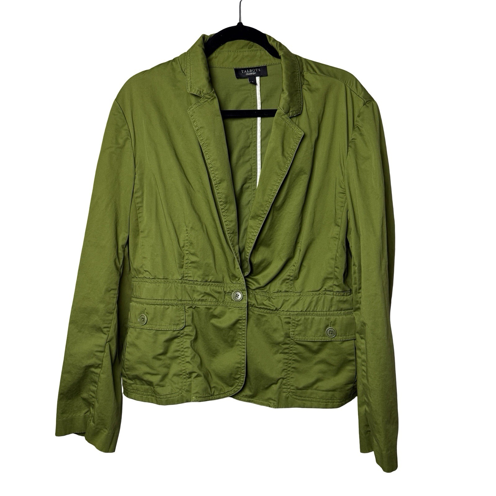 Talbots Blazer Green Jacket Safari Women’s SZ 16 Twill Olive One BTN Office EUC