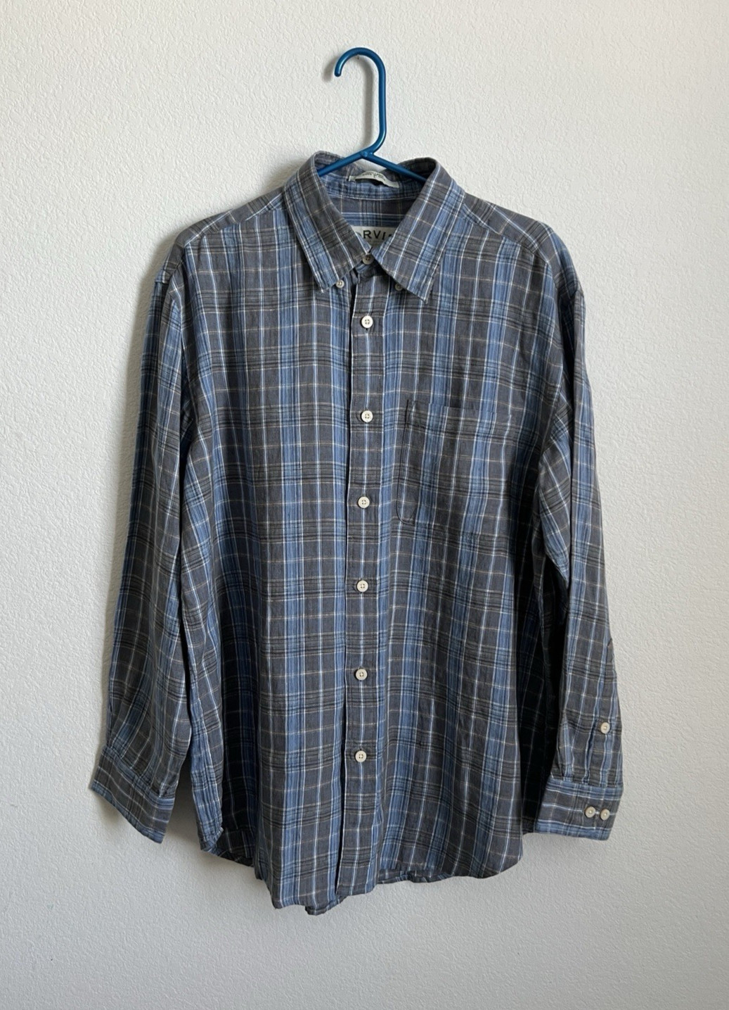 Orvis Button Up 100 % Linen Men’s Large Plaid Blue Gray LongSleeve Outdoor Shirt