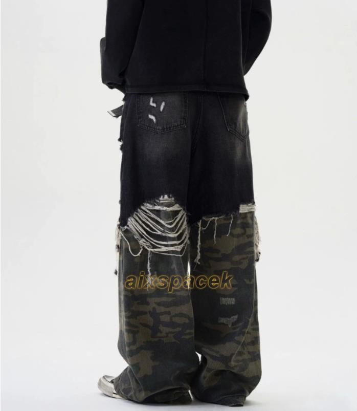Men Black Camouflage Mixed Denim Jeans Straight Leg Casual Punk Hip Hop Trousers