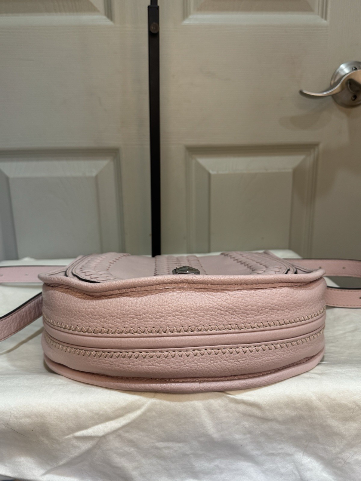 orYANY Amanda Blush Pink Italian Leather Saddle Crossbody Bag Whipstitch Flap