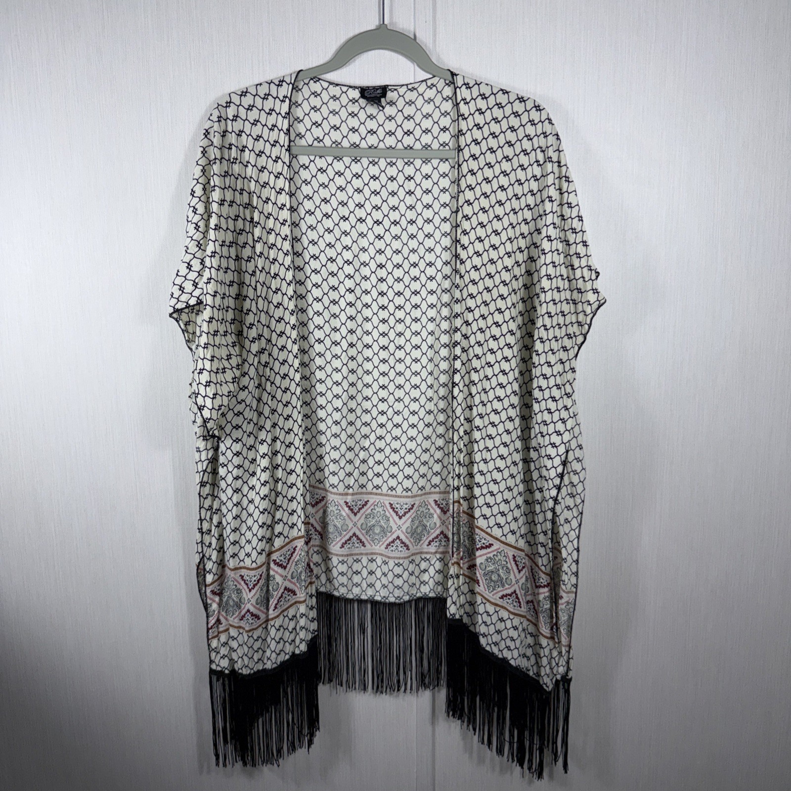Anthropologie Roffe Kimono Cardigan OS Black White Fringe Boho Festival Swim