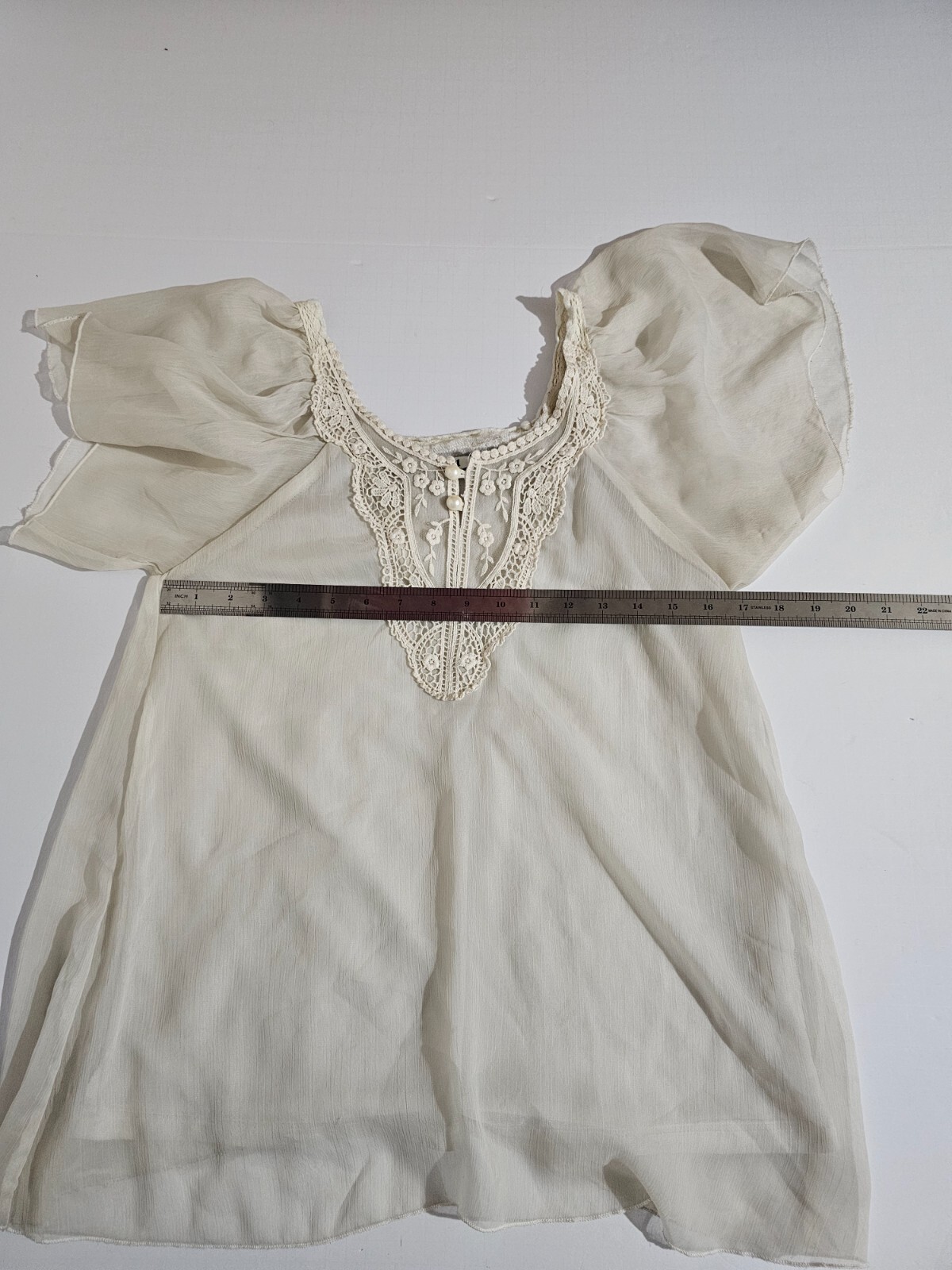 Forever 21 Semi Sheer Blouse with Lace & Pearl Detail and Embroidery Detail Sz M