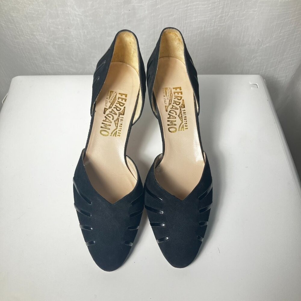 Ferragamo Black Suede Heels with Leather Details Size 8.5B