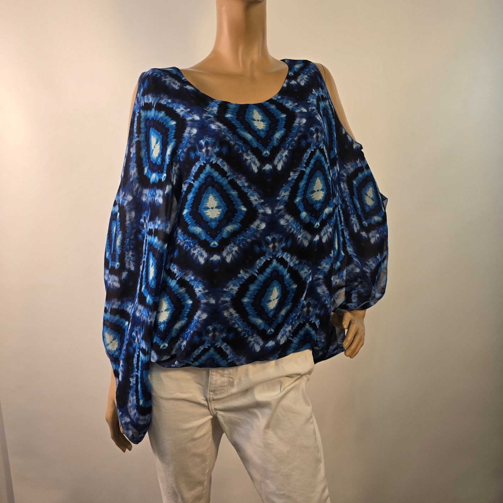 Karen Kane Cold Shoulder Scarf Blouson Top Ikat Style Tie-Dye Size L Made In USA