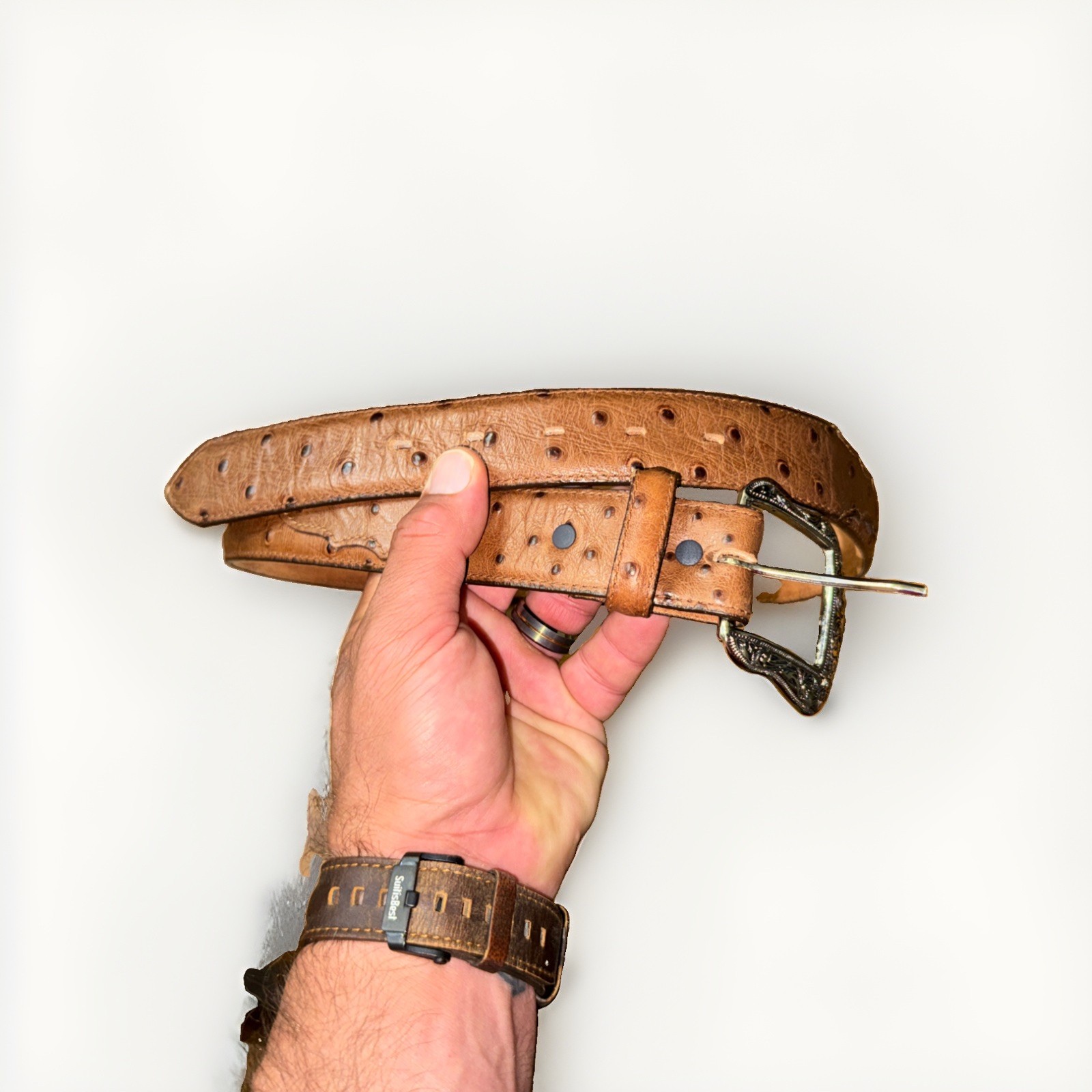 Mens Leather Belt Size 32 Ostrich Print Brown Y1025 Made In USA Western