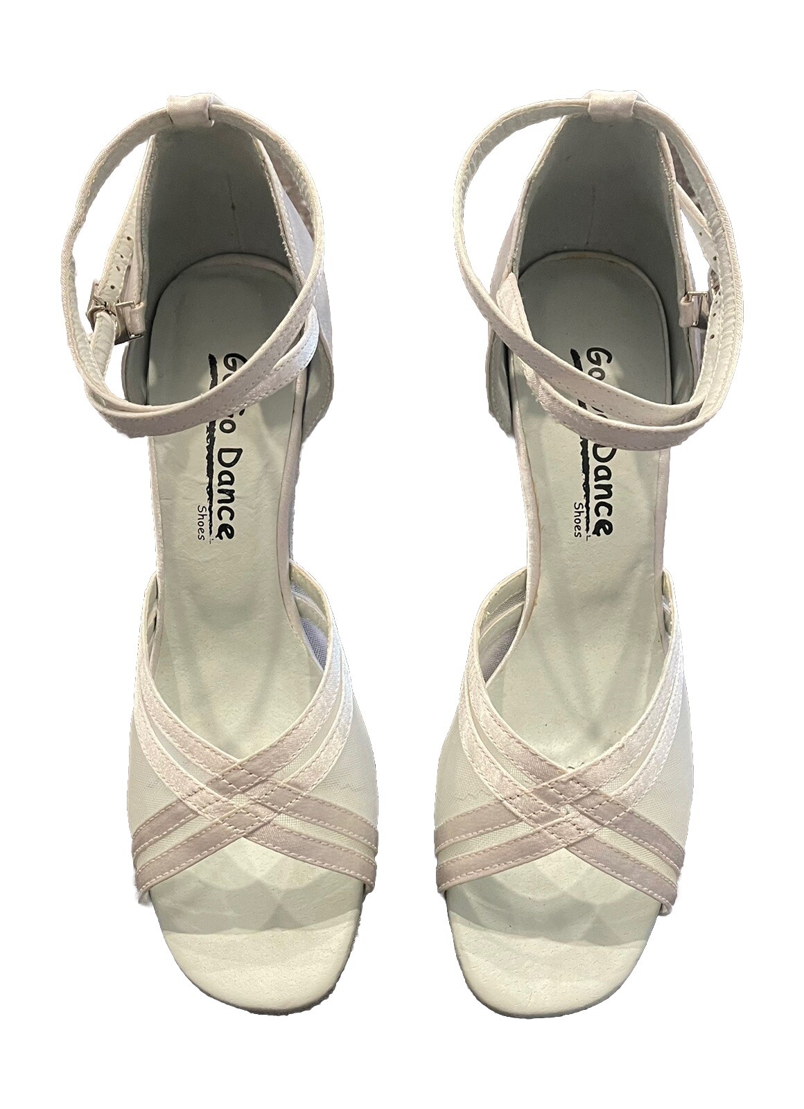 Ballroom/Latin Go Go Dance Shoes Pro Soft Open Toe Strappy Satin Ivory Mesh S9.5